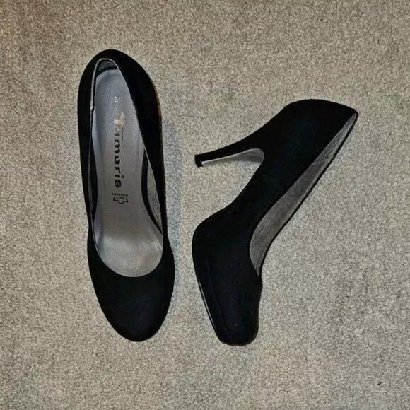 NEW LADIES TAMARIS BLACK SUEDE PLATFORM HEEL COURT SHOES SIZE 38 - Picture 3 of 3